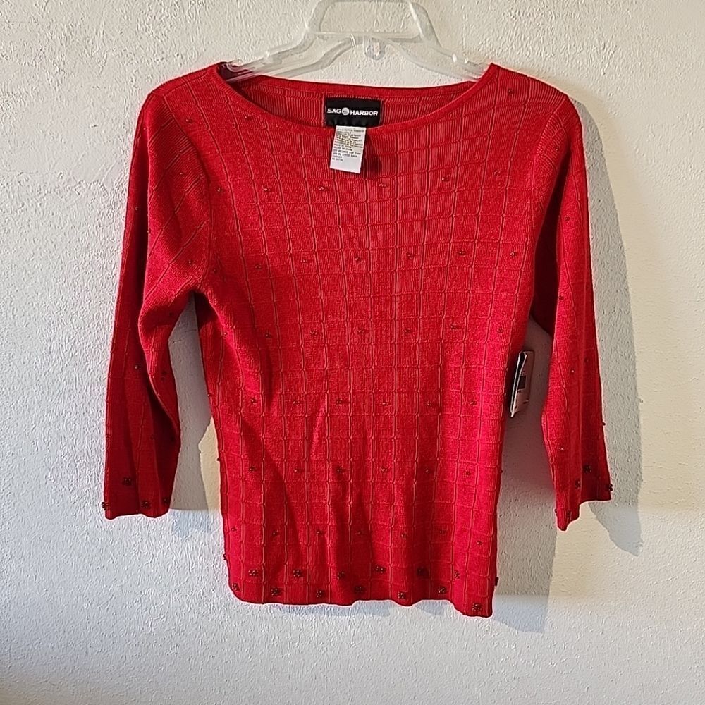 Sag Harbor Red Small Knit Sweater With Beading Christmas Holiday NWT
